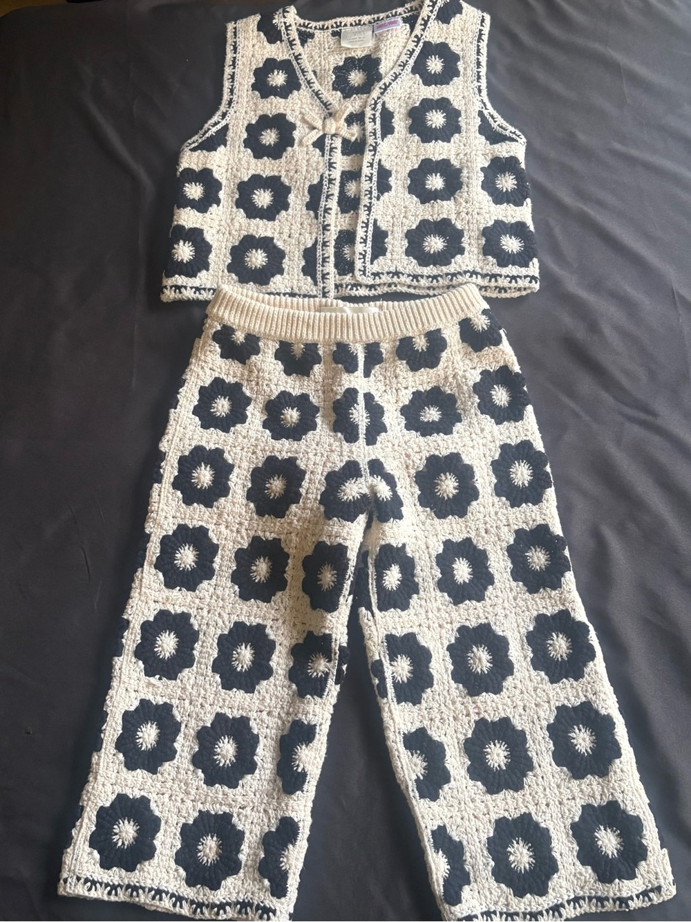 Zara Cream and Black Floral Crochet-Style